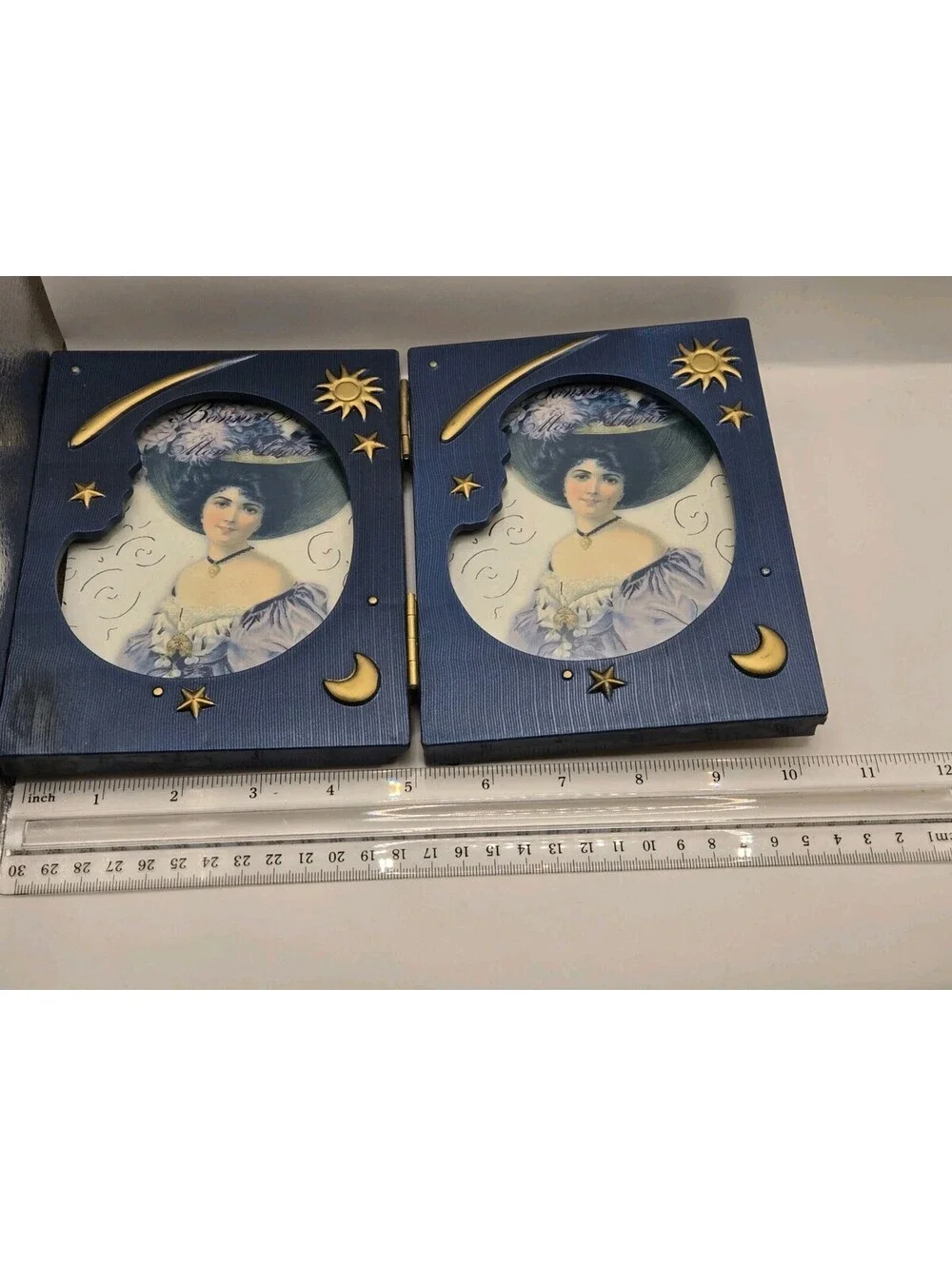 Vintage 90s Celestial Double Picture Frame Blue Gold Sun Moon Star Whimgisoth